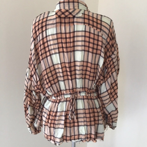 NWT! FREE PEOPLE size L plaid peach combo peplum top - Picture 4 of 8